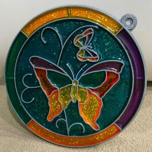 Vintage Rafaelian Stained Glitter Colorful Glass Sun Desert Butterfly Decoration